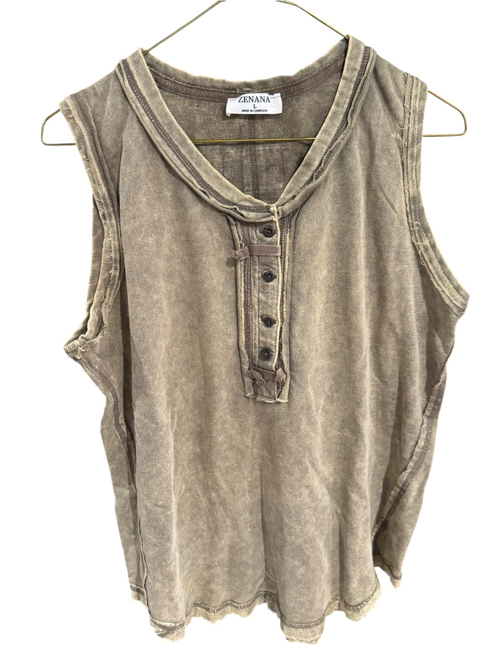 Zenana Outfitters Vintage Wash Sleeveless Henley Tank - Tan